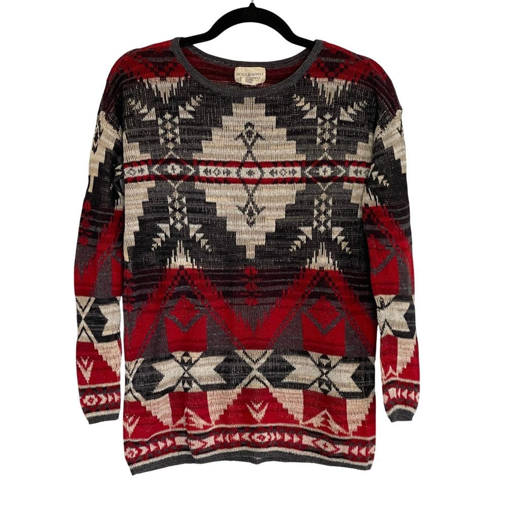 Denim & Supply‎ Ralph Lauren Womens Southwestern Geometric Knit Sweater Red Grey